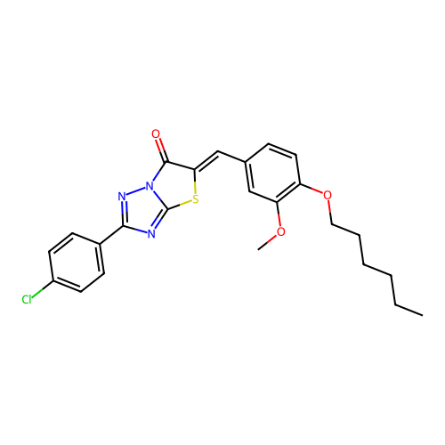 (5Z)-2-(4-chlorophenyl)-5-[4-(hexyloxy)-3-methoxybenzylidene][1,3]thiazolo[3,2-b][1,2,4]triazol-6(5H)-one structure