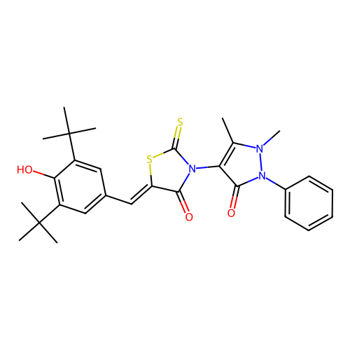 (5Z)-5-(3,5-di-tert-butyl-4-hydroxybenzylidene)-3-(1,5-dimethyl-3-oxo-2-phenyl-2,3-dihydro-1H-pyrazol-4-yl)-2-thioxo-1,3-thiazolidin-4-one structure