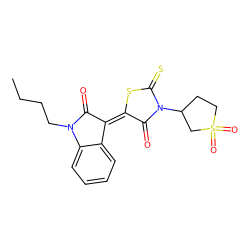 (3Z)-1-butyl-3-[3-(1,1-dioxidotetrahydrothiophen-3-yl)-4-oxo-2-thioxo-1,3-thiazolidin-5-ylidene]-1,3-dihydro-2H-indol-2-one structure