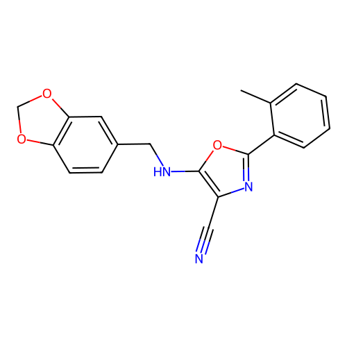 5-((benzo[d][1,3]dioxol-5-ylmethyl)amino)-2-(o-tolyl)oxazole-4-carbonitrile structure
