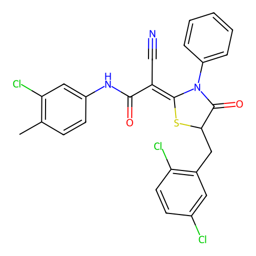 (Z)-N-(3-chloro-4-methylphenyl)-2-cyano-2-(5-(2,5-dichlorobenzyl)-4-oxo-3-phenylthiazolidin-2-ylidene)acetamide structure