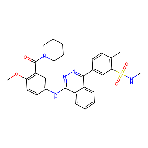 5-(4-((4-methoxy-3-(piperidine-1-carbonyl)phenyl)amino)phthalazin-1-yl)-N,2-dimethylbenzenesulfonamide structure