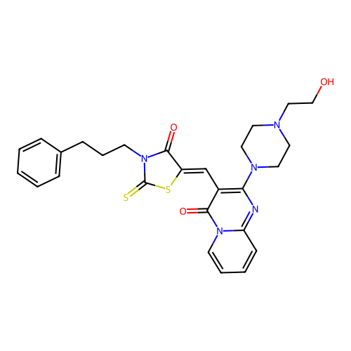 2-[4-(2-hydroxyethyl)piperazin-1-yl]-3-{(Z)-[4-oxo-3-(3-phenylpropyl)-2-thioxo-1,3-thiazolidin-5-ylidene]methyl}-4H-pyrido[1,2-a]pyrimidin-4-one structure