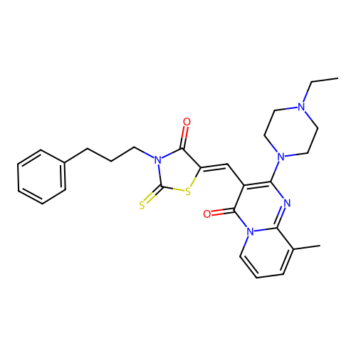 2-(4-ethylpiperazin-1-yl)-9-methyl-3-{(Z)-[4-oxo-3-(3-phenylpropyl)-2-thioxo-1,3-thiazolidin-5-ylidene]methyl}-4H-pyrido[1,2-a]pyrimidin-4-one structure