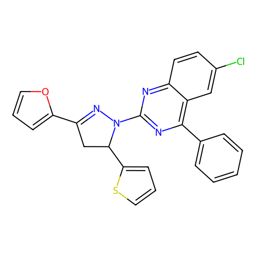 6-chloro-2-[3-(2-furyl)-5-thiophen-2-yl-4,5-dihydropyrazol-1-yl]-4-phenyl-quinazoline structure
