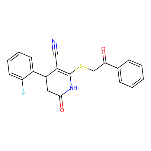 4-(2-fluorophenyl)-2-oxo-6-phenacylsulfanyl-3,4-dihydro-1H-pyridine-5-carbonitrile structure