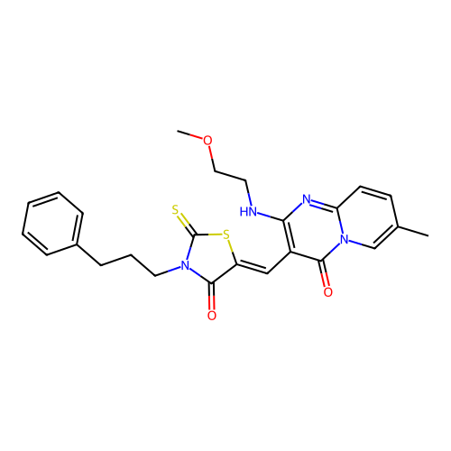 2-[(2-methoxyethyl)amino]-7-methyl-3-{(Z)-[4-oxo-3-(3-phenylpropyl)-2-thioxo-1,3-thiazolidin-5-ylidene]methyl}-4H-pyrido[1,2-a]pyrimidin-4-one structure