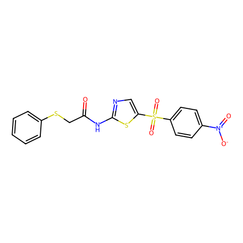 N-(5-((4-nitrophenyl)sulfonyl)thiazol-2-yl)-2-(phenylthio)acetamide structure