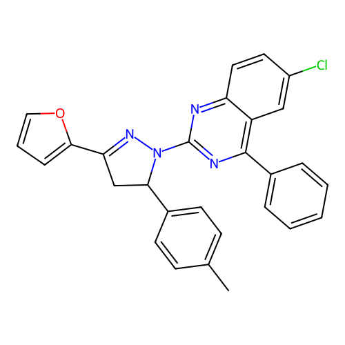 6-chloro-2-(3-(furan-2-yl)-5-(p-tolyl)-4,5-dihydro-1H-pyrazol-1-yl)-4-phenylquinazoline structure