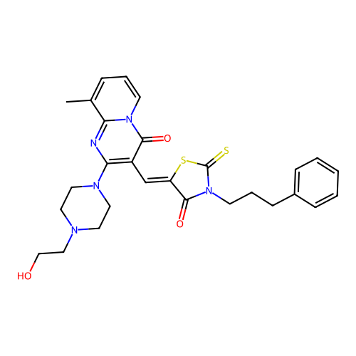 2-[4-(2-hydroxyethyl)piperazin-1-yl]-9-methyl-3-{(Z)-[4-oxo-3-(3-phenylpropyl)-2-thioxo-1,3-thiazolidin-5-ylidene]methyl}-4H-pyrido[1,2-a]pyrimidin-4-one structure