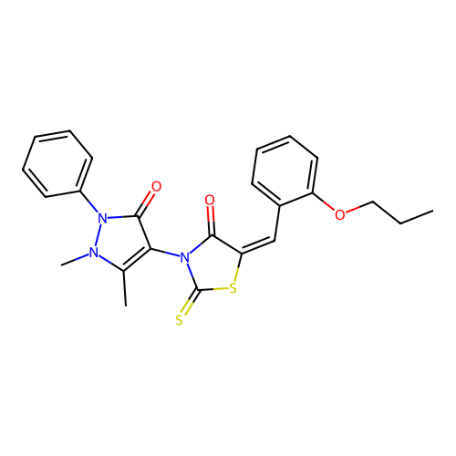 (5E)-3-(1,5-dimethyl-3-oxo-2-phenyl-2,3-dihydro-1H-pyrazol-4-yl)-5-(2-propoxybenzylidene)-2-thioxo-1,3-thiazolidin-4-one structure