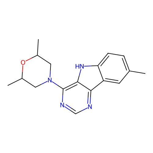 2,6-dimethyl-4-(8-methyl-5H-pyrimido[5,4-b]indol-4-yl)morpholine structure
