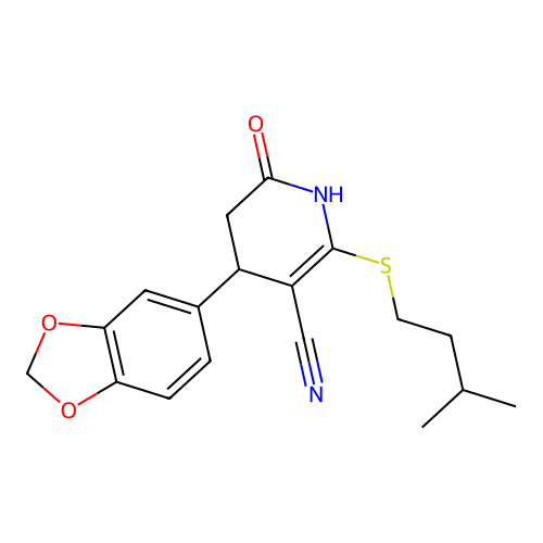 4-(1,3-benzodioxol-5-yl)-6-(3-methylbutylsulfanyl)-2-oxo-3,4-dihydro-1H-pyridine-5-carbonitrile structure