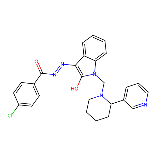4-chloro-N-[[2-oxo-1-[(2-pyridin-3-yl-1-piperidyl)methyl]indol-3-ylidene]amino]benzamide structure