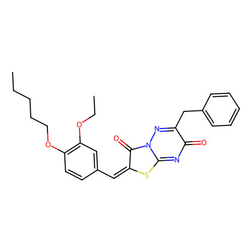 (E)-6-benzyl-2-(3-ethoxy-4-(pentyloxy)benzylidene)-2H-thiazolo[3,2-b][1,2,4]triazine-3,7-dione structure