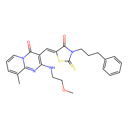 2-[(2-methoxyethyl)amino]-9-methyl-3-{(Z)-[4-oxo-3-(3-phenylpropyl)-2-thioxo-1,3-thiazolidin-5-ylidene]methyl}-4H-pyrido[1,2-a]pyrimidin-4-one structure