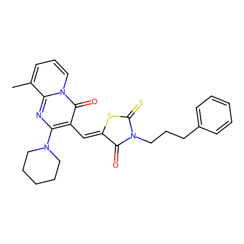 9-methyl-3-{(Z)-[4-oxo-3-(3-phenylpropyl)-2-thioxo-1,3-thiazolidin-5-ylidene]methyl}-2-(piperidin-1-yl)-4H-pyrido[1,2-a]pyrimidin-4-one structure