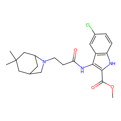 methyl 5-chloro-3-(3-((1R,5R)-3,3-dimethyl-6-azabicyclo[3.2.1]octan-6-yl)propanamido)-1H-indole-2-carboxylate structure
