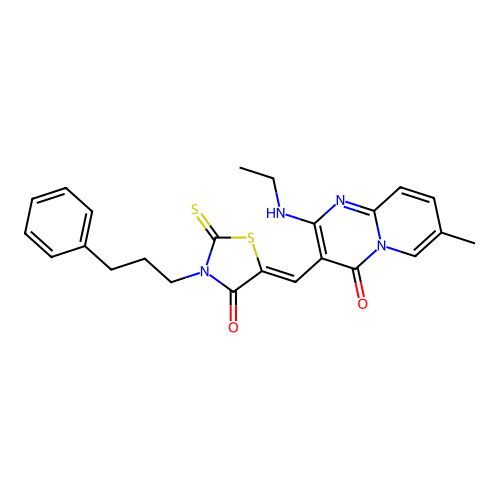 2-(ethylamino)-7-methyl-3-{(Z)-[4-oxo-3-(3-phenylpropyl)-2-thioxo-1,3-thiazolidin-5-ylidene]methyl}-4H-pyrido[1,2-a]pyrimidin-4-one structure
