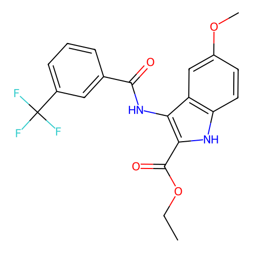 ethyl 5-methoxy-3-(3-(trifluoromethyl)benzamido)-1H-indole-2-carboxylate structure
