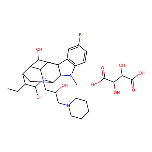 4-Bromo-13-ethyl-15-(2-hydroxy-3-piperidin-1-ylpropyl)-8-methyl-8-aza-15-azoniahexacyclo[14.2.1.01,9.02,7.010,15.012,17]nonadeca-2(7),3,5-triene-14,18-diol;2,3-dihydroxybutanedioic acid structure