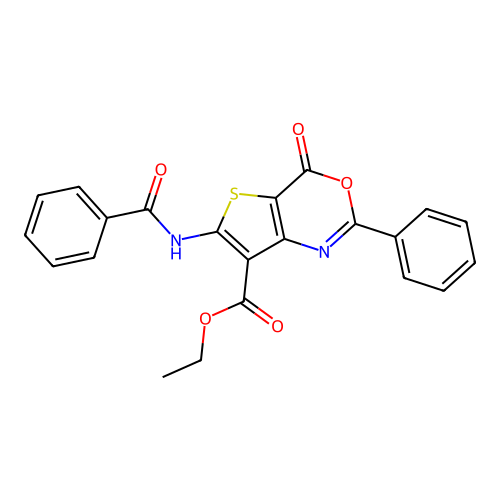 Ethyl 6-(benzoylamino)-4-oxo-2-phenyl-4H-thieno(3,2-d)(1,3)oxazine-7-carboxylate structure