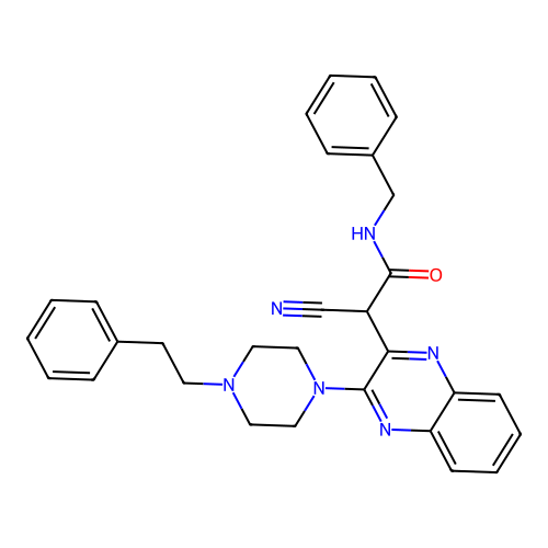 N-benzyl-2-cyano-2-(3-(4-phenethylpiperazin-1-yl)quinoxalin-2-yl)acetamide structure
