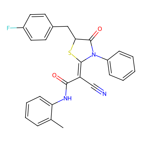 (Z)-2-cyano-2-(5-(4-fluorobenzyl)-4-oxo-3-phenylthiazolidin-2-ylidene)-N-(o-tolyl)acetamide structure