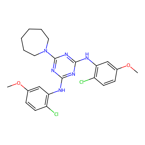 6-(azepan-1-yl)-N,N'-bis(2-chloro-5-methoxyphenyl)-1,3,5-triazine-2,4-diamine structure
