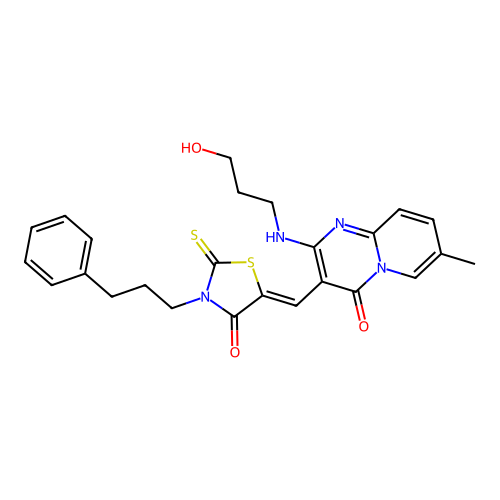 2-[(3-hydroxypropyl)amino]-7-methyl-3-{(Z)-[4-oxo-3-(3-phenylpropyl)-2-thioxo-1,3-thiazolidin-5-ylidene]methyl}-4H-pyrido[1,2-a]pyrimidin-4-one structure