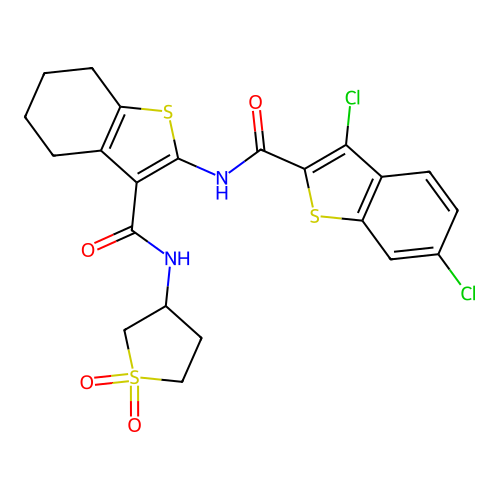 3,6-dichloro-N-{3-[(1,1-dioxidotetrahydrothiophen-3-yl)carbamoyl]-4,5,6,7-tetrahydro-1-benzothiophen-2-yl}-1-benzothiophene-2-carboxamide structure
