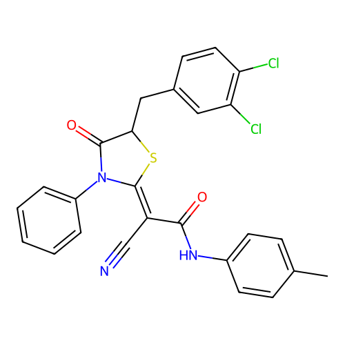(Z)-2-cyano-2-(5-(3,4-dichlorobenzyl)-4-oxo-3-phenylthiazolidin-2-ylidene)-N-(p-tolyl)acetamide structure