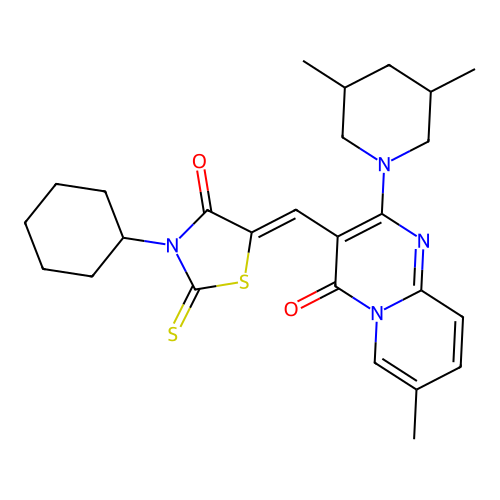 3-[(Z)-(3-cyclohexyl-4-oxo-2-thioxo-1,3-thiazolidin-5-ylidene)methyl]-2-(3,5-dimethylpiperidin-1-yl)-7-methyl-4H-pyrido[1,2-a]pyrimidin-4-one structure