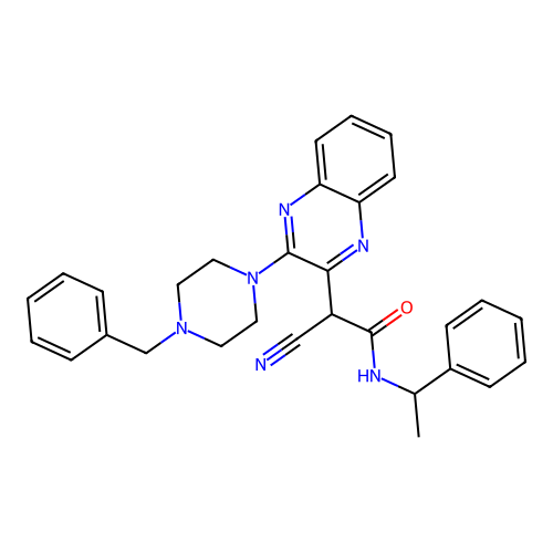 2-[3-(4-benzylpiperazin-1-yl)quinoxalin-2-yl]-2-cyano-N-(1-phenylethyl)acetamide structure