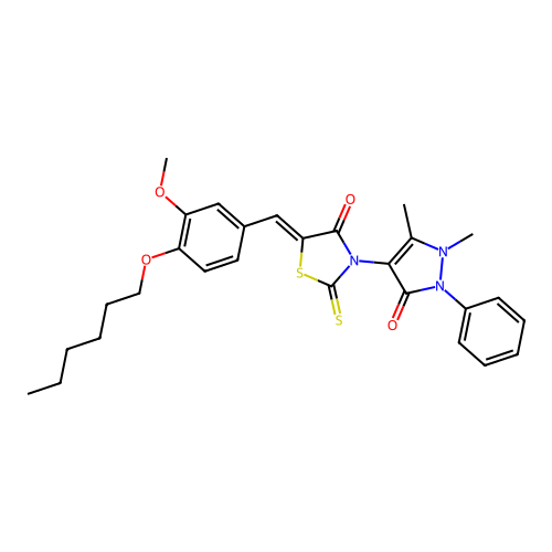 (5Z)-3-(1,5-dimethyl-3-oxo-2-phenylpyrazol-4-yl)-5-[(4-hexoxy-3-methoxyphenyl)methylidene]-2-sulfanylidene-1,3-thiazolidin-4-one structure