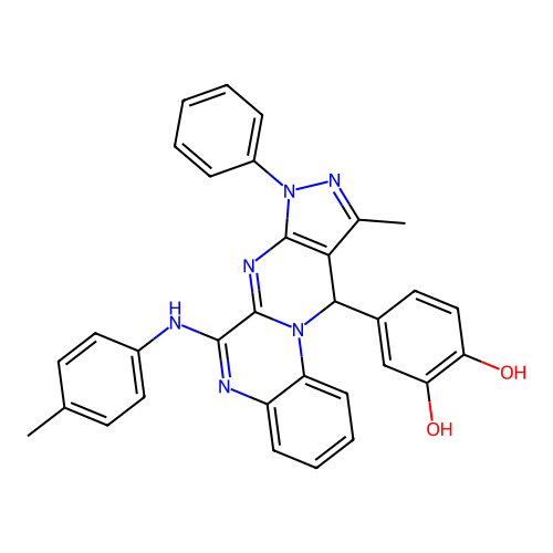 4-(10-Methyl-8-phenyl-6-p-tolylamino-8,11-dihydro-5,7,8,9,11a-pentaaza-cyclopenta[b]phenanthren-11 -yl)-benzene-1,2-diol structure