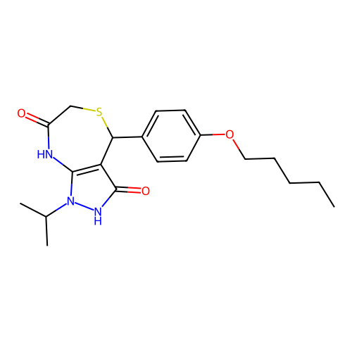 3-hydroxy-4-[4-(pentyloxy)phenyl]-1-(propan-2-yl)-4,8-dihydro-1H-pyrazolo[3,4-e][1,4]thiazepin-7(6H)-one structure