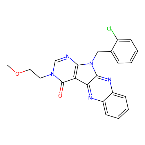 11-(2-chlorobenzyl)-3-(2-methoxyethyl)-3,11-dihydro-4H-pyrimido[5',4':4,5]pyrrolo[2,3-b]quinoxalin-4-one structure
