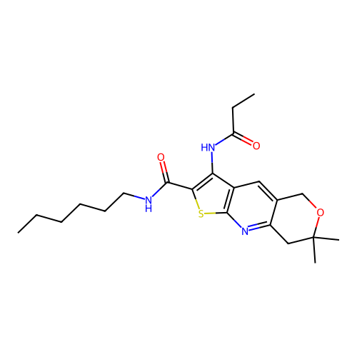 N-hexyl-7,7-dimethyl-3-(propanoylamino)-7,8-dihydro-5H-pyrano[4,3-b]thieno[3,2-e]pyridine-2-carboxamide structure