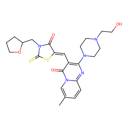 2-[4-(2-hydroxyethyl)piperazin-1-yl]-7-methyl-3-{(Z)-[4-oxo-3-(tetrahydrofuran-2-ylmethyl)-2-thioxo-1,3-thiazolidin-5-ylidene]methyl}-4H-pyrido[1,2-a]pyrimidin-4-one structure