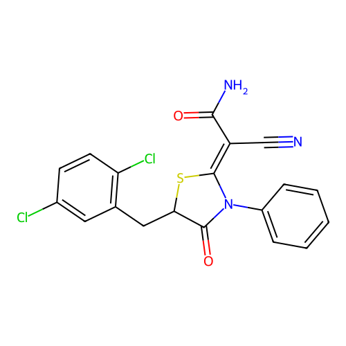 (Z)-2-cyano-2-(5-(2,5-dichlorobenzyl)-4-oxo-3-phenylthiazolidin-2-ylidene)acetamide structure