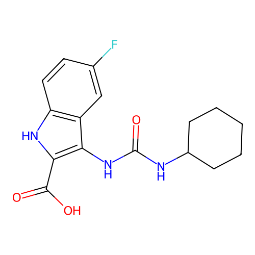 3-[(cyclohexylcarbamoyl)amino]-5-fluoro-1H-indole-2-carboxylic acid structure
