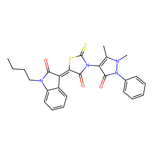 (3Z)-1-butyl-3-[3-(1,5-dimethyl-3-oxo-2-phenyl-2,3-dihydro-1H-pyrazol-4-yl)-4-oxo-2-thioxo-1,3-thiazolidin-5-ylidene]-1,3-dihydro-2H-indol-2-one structure