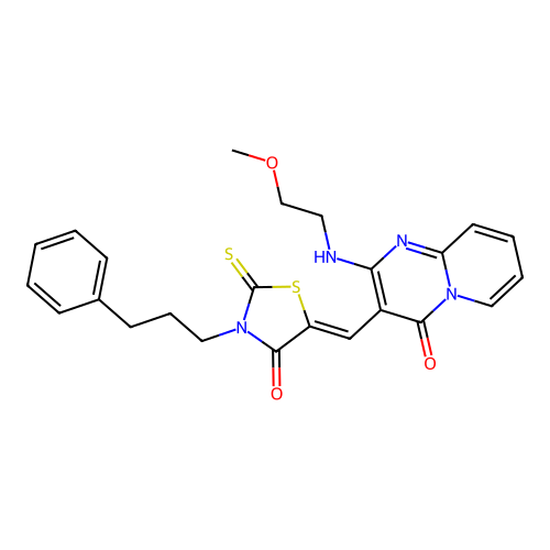 2-[(2-methoxyethyl)amino]-3-{(Z)-[4-oxo-3-(3-phenylpropyl)-2-thioxo-1,3-thiazolidin-5-ylidene]methyl}-4H-pyrido[1,2-a]pyrimidin-4-one structure