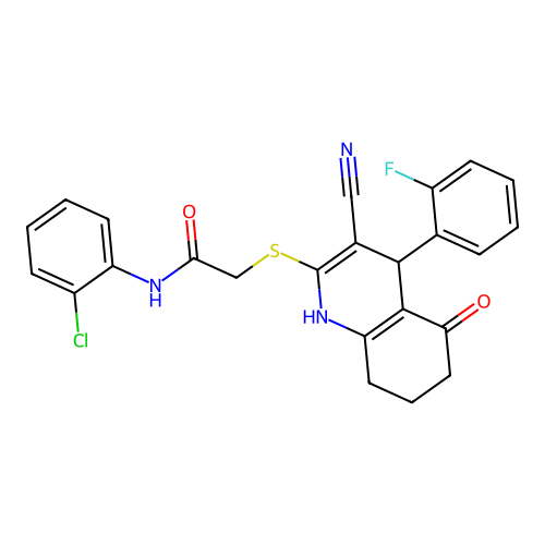 N-(2-chlorophenyl)-2-((3-cyano-4-(2-fluorophenyl)-5-oxo-1,4,5,6,7,8-hexahydroquinolin-2-yl)thio)acetamide structure