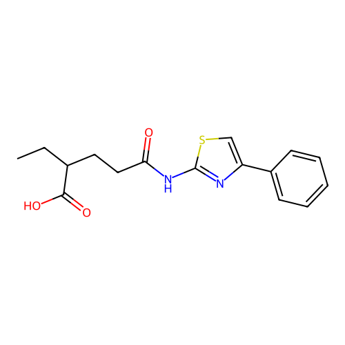 2-ethyl-5-oxo-5-{[(2E)-4-phenyl-1,3-thiazol-2(3H)-ylidene]amino}pentanoic acid structure