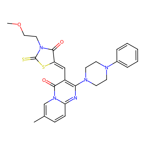 3-{(Z)-[3-(2-methoxyethyl)-4-oxo-2-thioxo-1,3-thiazolidin-5-ylidene]methyl}-7-methyl-2-(4-phenylpiperazin-1-yl)-4H-pyrido[1,2-a]pyrimidin-4-one structure