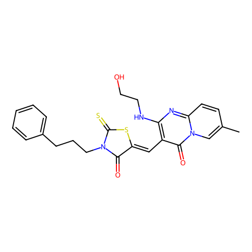 2-[(2-hydroxyethyl)amino]-7-methyl-3-{(Z)-[4-oxo-3-(3-phenylpropyl)-2-thioxo-1,3-thiazolidin-5-ylidene]methyl}-4H-pyrido[1,2-a]pyrimidin-4-one structure