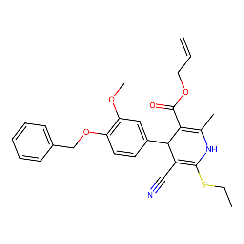 allyl 4-(4-(benzyloxy)-3-methoxyphenyl)-5-cyano-6-(ethylthio)-2-methyl-1,4-dihydropyridine-3-carboxylate structure