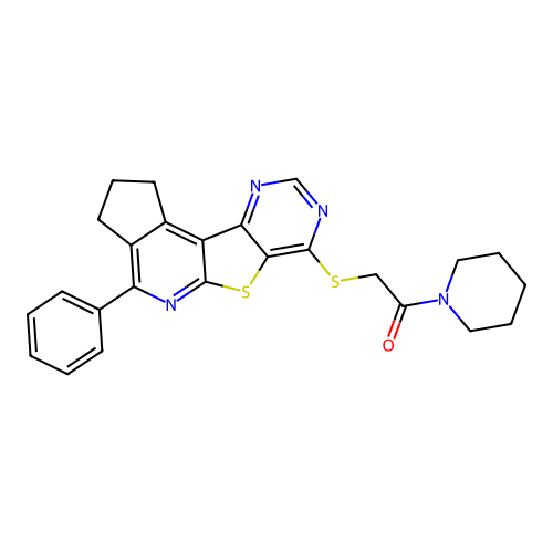 2-((4-phenyl-2,3-dihydro-1H-cyclopenta[4',5']pyrido[3',2':4,5]thieno[3,2-d]pyrimidin-7-yl)thio)-1-(piperidin-1-yl)ethanone structure